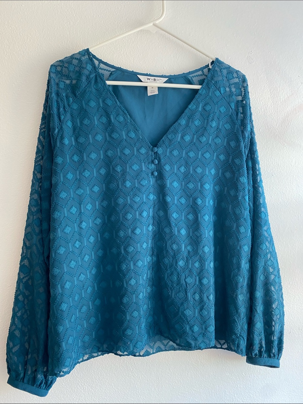 White House Black Market Teal Textured Lace V-Neck Blouse